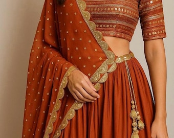 Rust Orange Embroidered Lehenga Choli: Indian Wedding Guest Outfit