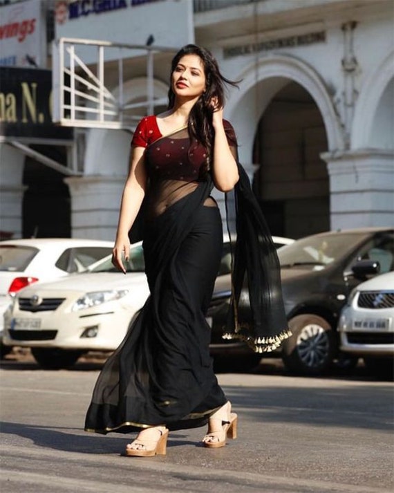 plain black party wear saree