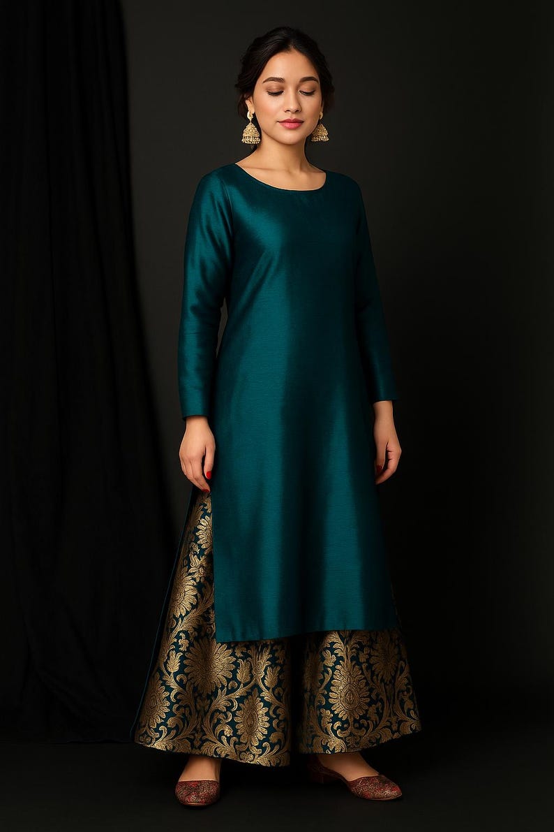 Emerald Green Kurta Set Women Indian Ethnic Outfit Brocade Sharara Pants Pakistani Suit Festive Wedding Wear Eid Party Dress image 2