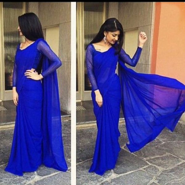 Royal blue plain georgette saree full sleeves blouse women Bridesmaid sari sarees