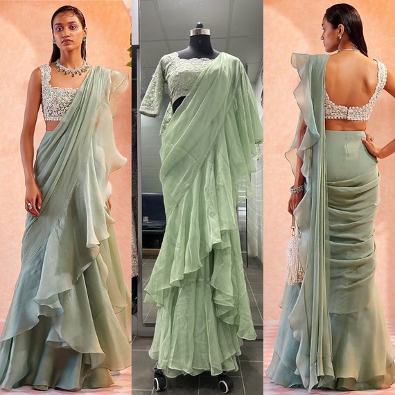 Fancy wear with heavy rangoli silk ruffle saree Blue – TextileGarment.Store