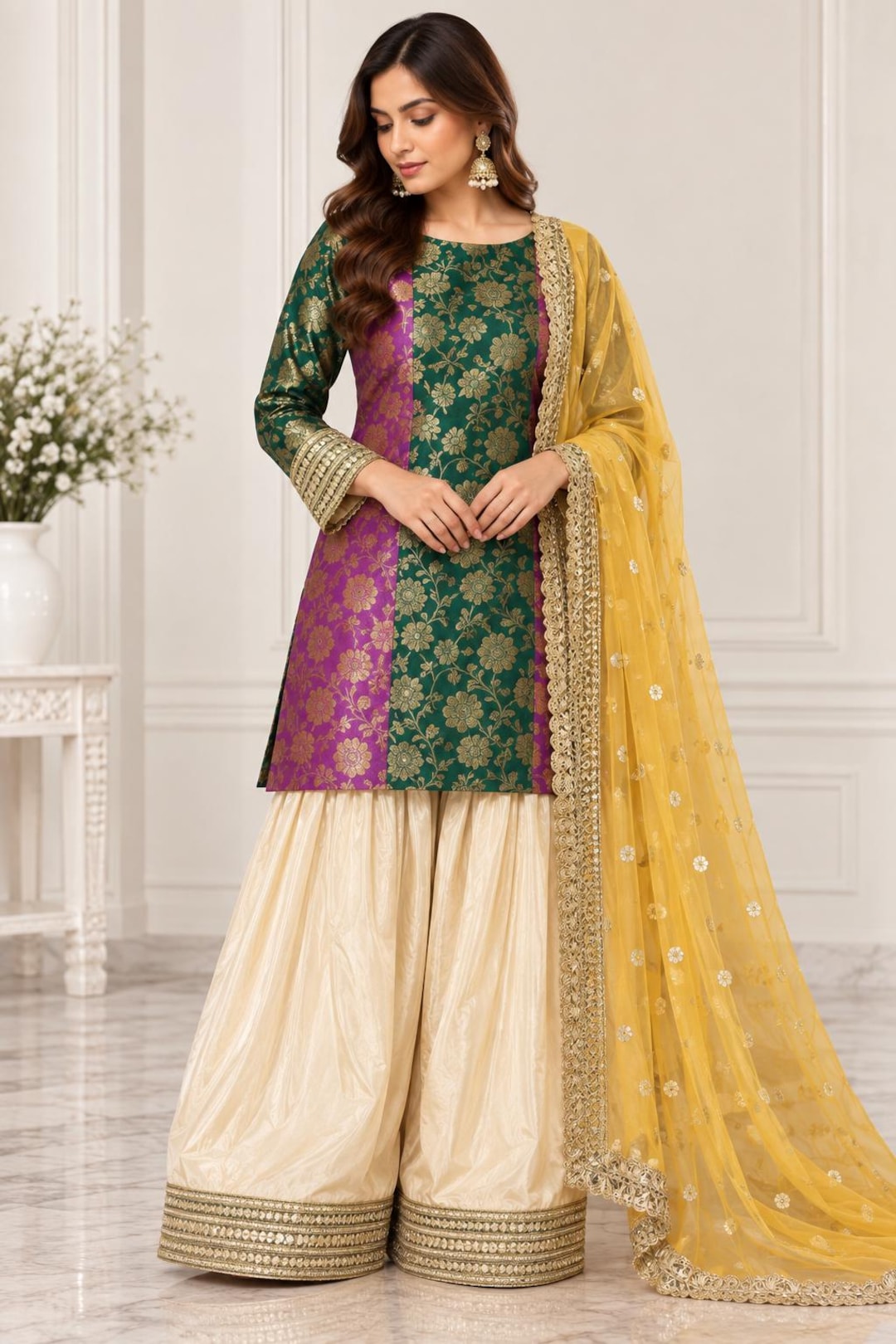 Buy Green Purple Brocade Farshi Salwar Suit, Indian Wedding Guest ...
