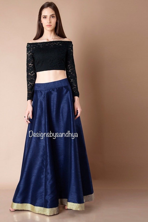 blue skirt and black top