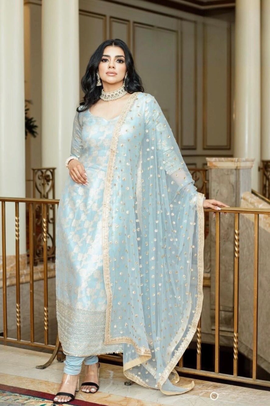 Ready-to-Wear Salwar Kameez Suit Set For Women - Embroidered Indian Punjabi Party Dress In Blue/Navy/Beige - View #6