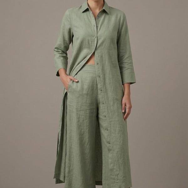 Long Button Down Shirt with Palazzo Pants Boho Summer Linen Tunic