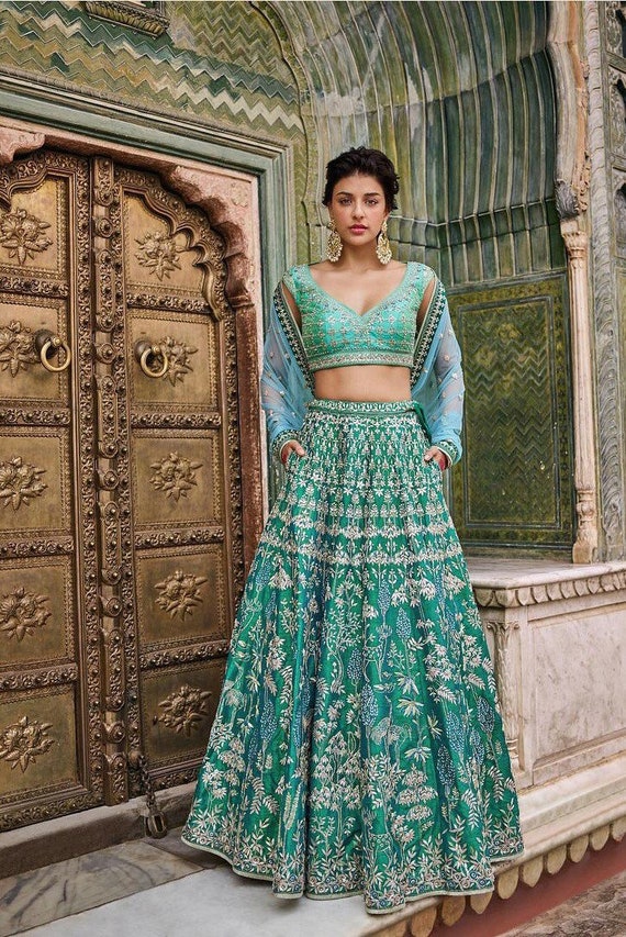 Green Silk Wedding Reception Lehenga Choli Indian Custom Made Etsy