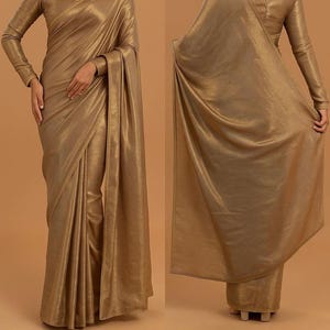 Sari de organza dorada: blusa de diseñador lista para usar, boda india