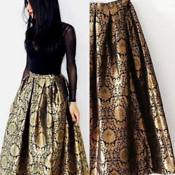 Jupes Lehenga en brocart noir pour femme, jupe longue maxi, jupe sari taille haute, jupe formelle faite main