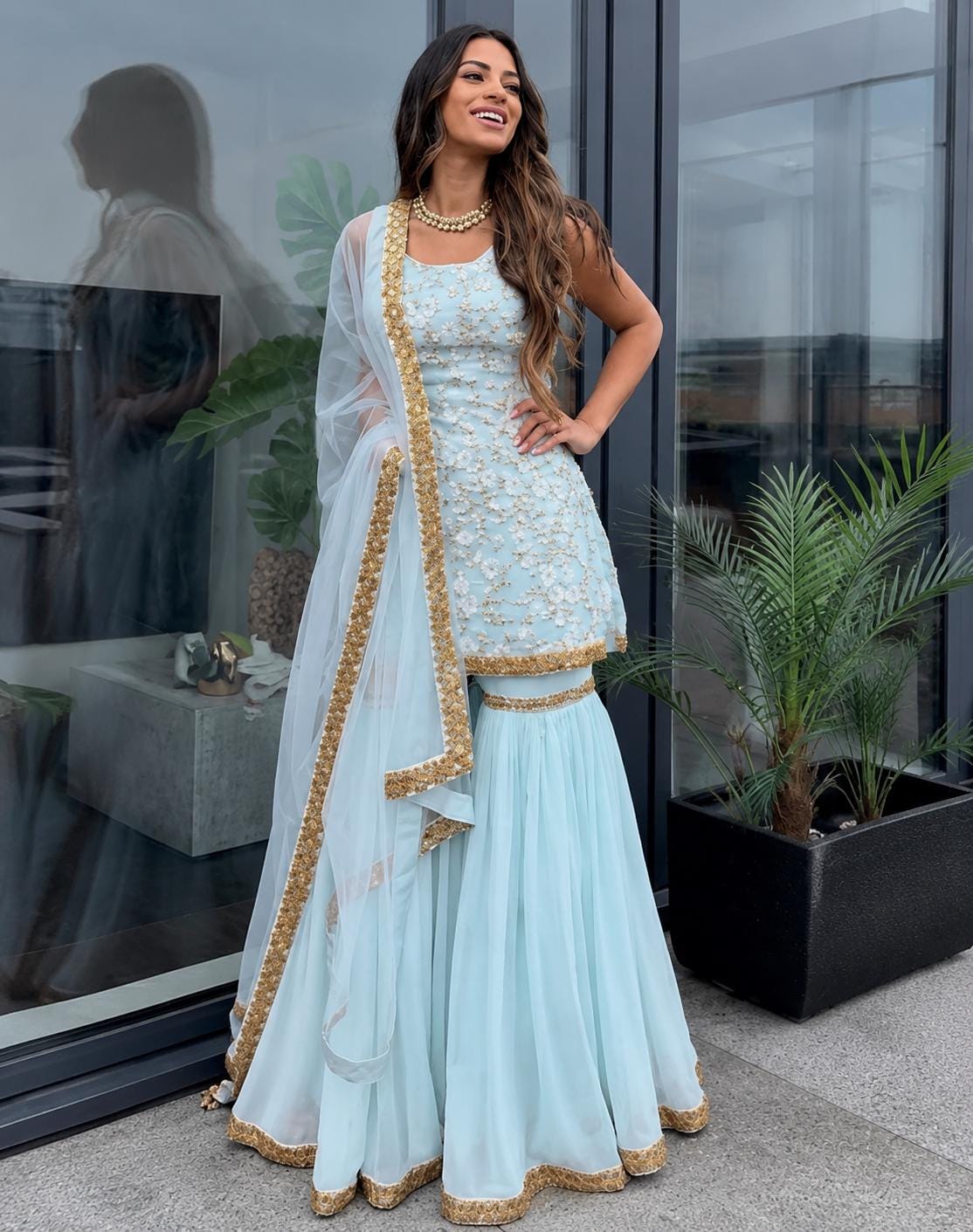 blue sharara dress Pastel Set Floral Embroidery Designer Sleeveless Kurta Festive Ethnic Wedding Guest Outfit Best Sellers NH July 39–40 inches Farshi Pant Color:Emerson Cicinia Black Homecoming Dresses