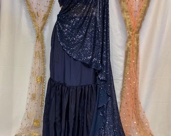 Blue lehenga saree with stitched designer blouse women wedding wear Indian outfit