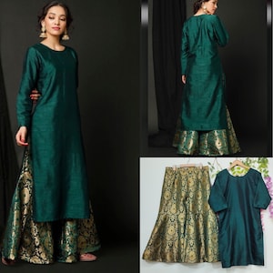 Emerald Green Kurta Set Women Indian Ethnic Outfit Brocade Sharara Pants Pakistani Suit Festive Wedding Wear Eid Party Dress image 5