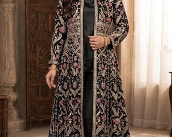 Abito Anarkali nero da donna, abito da sposa indiano su misura con ricami Zari, abito lungo pakistano di design, taglie forti, realizzato su misura