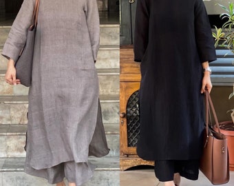 Baumwolle Leinen Co-ord Set Kurta Hose Palazzo Hose & Lose Kurti Top