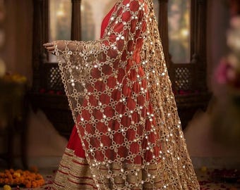 Wedding bridal Poshida mirror Dupatta Odhni Traditional Chunni shawl with hand work