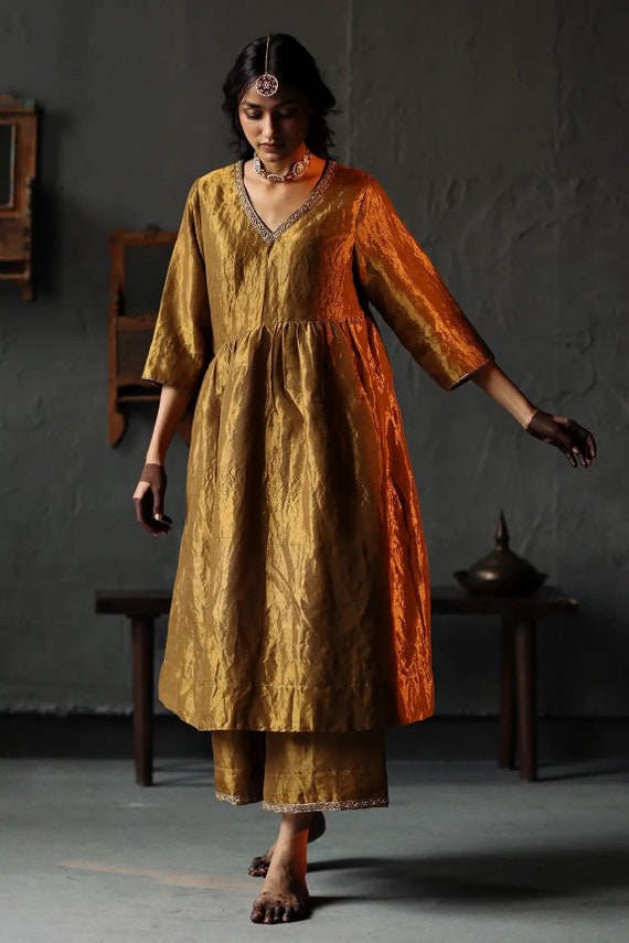 Indian Rayon Fabric Anarkali Kurti Palazzo with Dupatta Set. Diwali Special  Dress.Wedding Dress (M) Yellow at Amazon Women's Clothing store