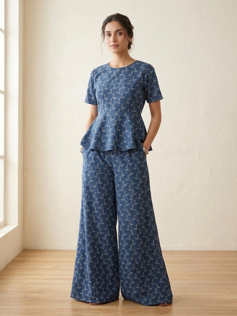 May include: A blue peplum top with short sleeves and a round neckline paired with matching wide-leg trousers. Both pieces feature a repeating white botanical leaf pattern throughout the fabric, creating a coordinated two-piece set.