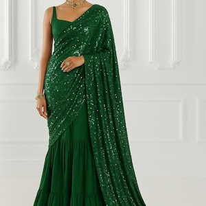 Pre stitched Sequin Saree Ready to Wear Embellished Party Wear Indian Saree Bridal Reception Outfit