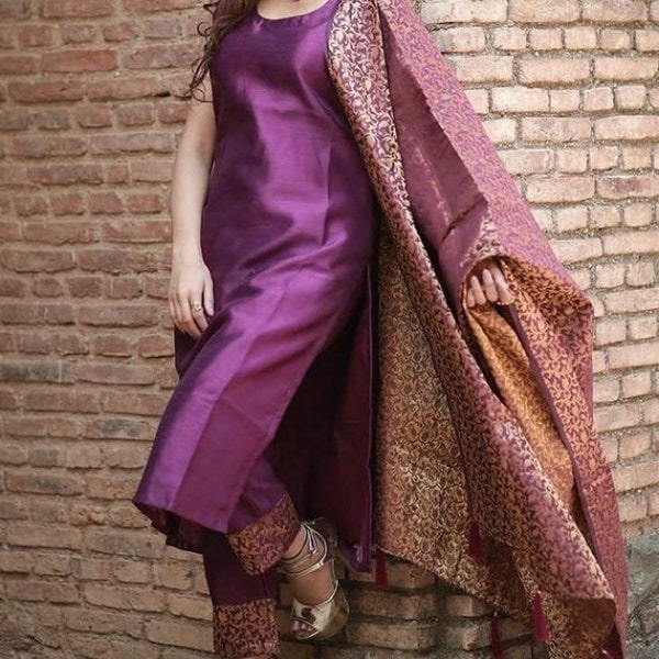 Punjabi suit silk salwar kameez banarasi brocade dupatta Indian women Pakistani dress