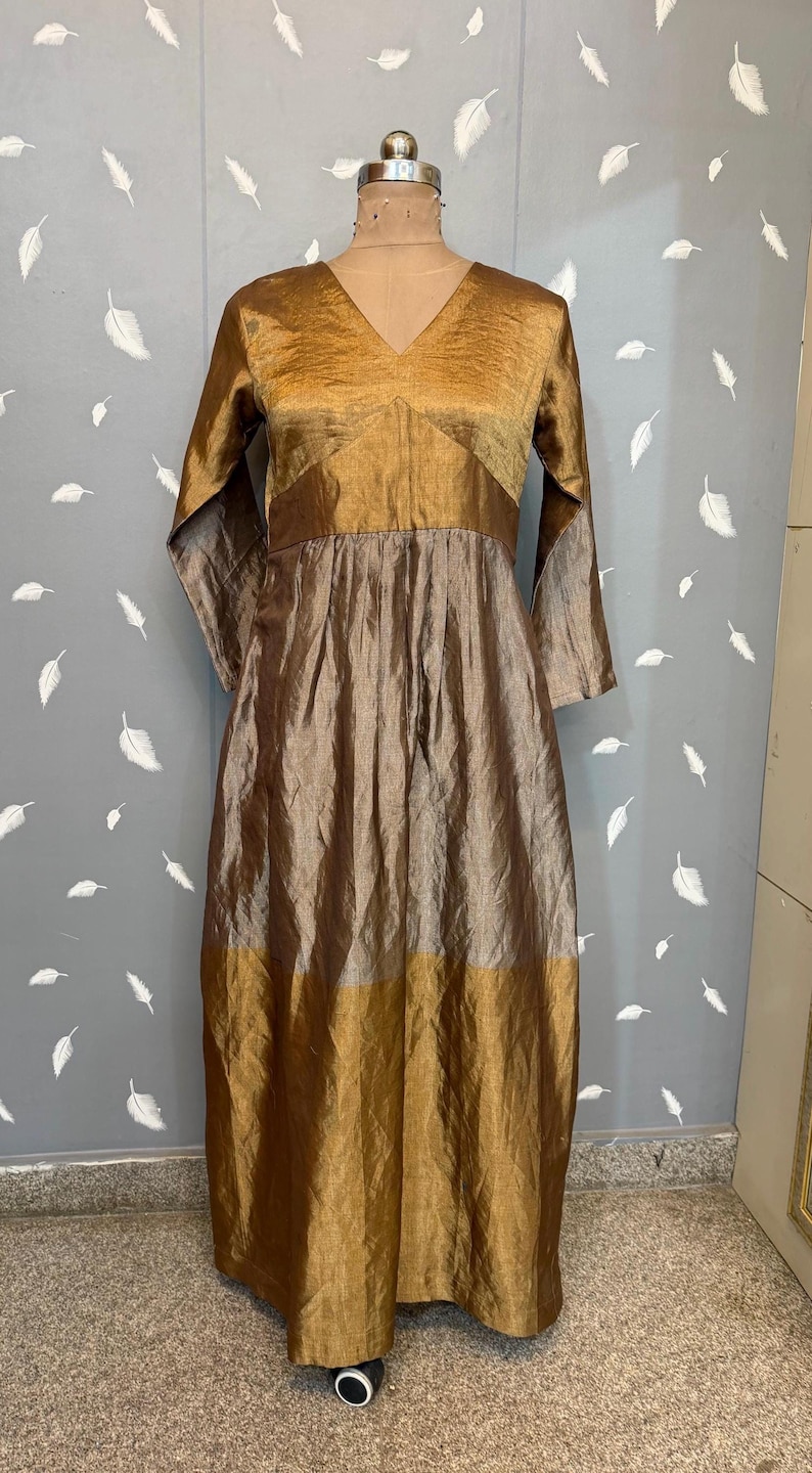 Gold Tissue Silk Anarkali Dress women Indian Wedding Outfit image 3