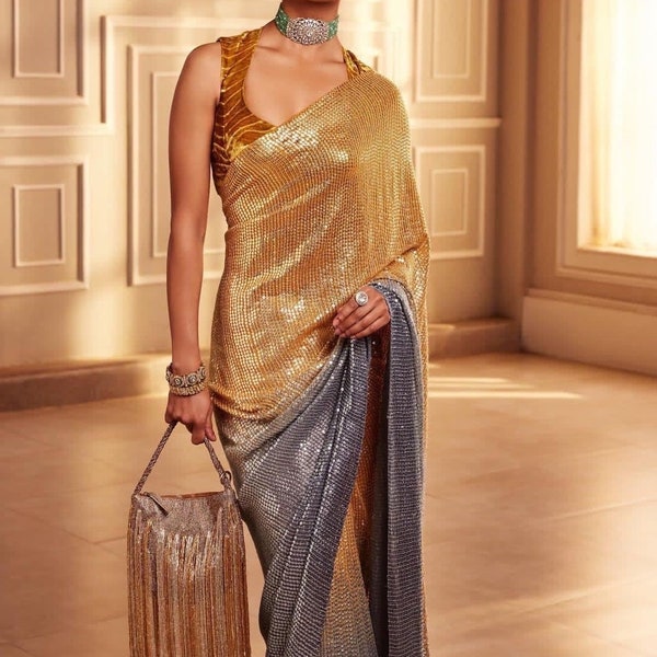 Gold sequin saree for USA women georgette party wear sarees