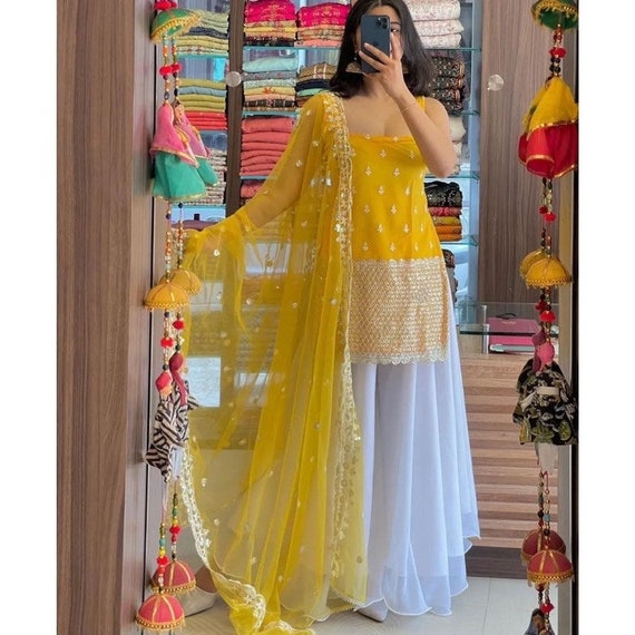 Buy Likha Yellow Short Kurta Sharara Dupatta LIKSKD19 (Set of 3) Online