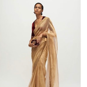 Gold Tissue designer sari blouse sabyasachi saree with velvet blouse Indian wedding silk sarees