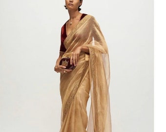 Gold Tissue designer sari blouse sabyasachi saree with velvet blouse Indian wedding silk sarees