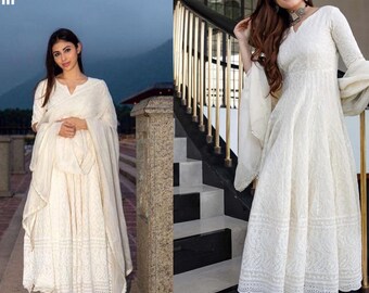 White Anarkali dress Indian chikankari gown outfit