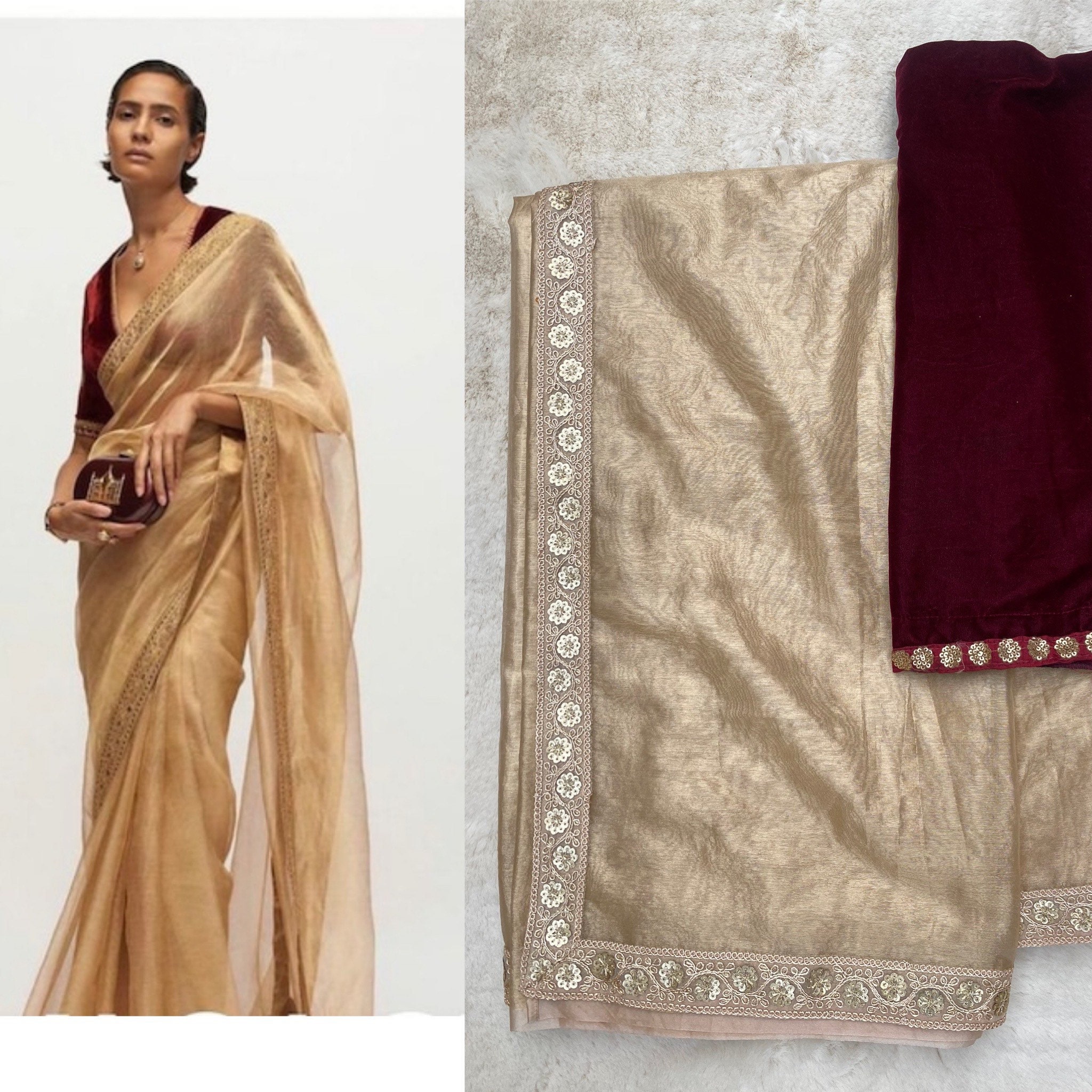 plain gold saree with blouse
