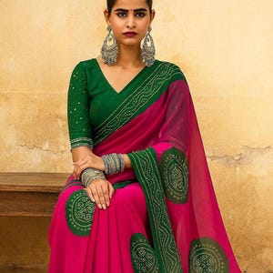 Pink & Green Bandhani Saree: Traditional Indian Wedding Guest Outfit