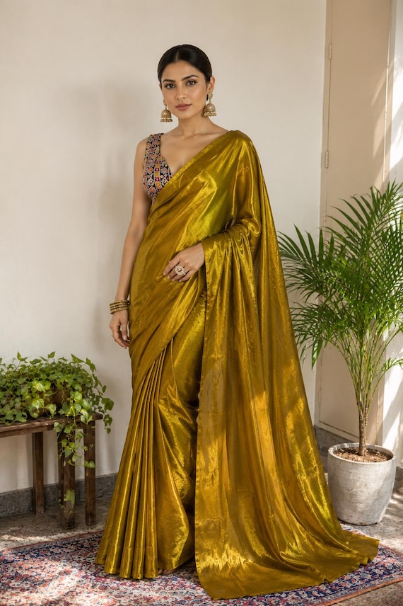 gold saree dress Shimmer Organza Silk Festive Indian Drape Party Wear Outfit golden saree bridal look