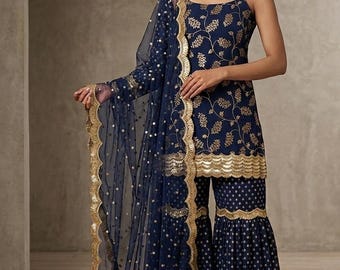 Designer Georgette Sharara Set with Dupatta – Gold Print Wedding Wear Gharara Suit