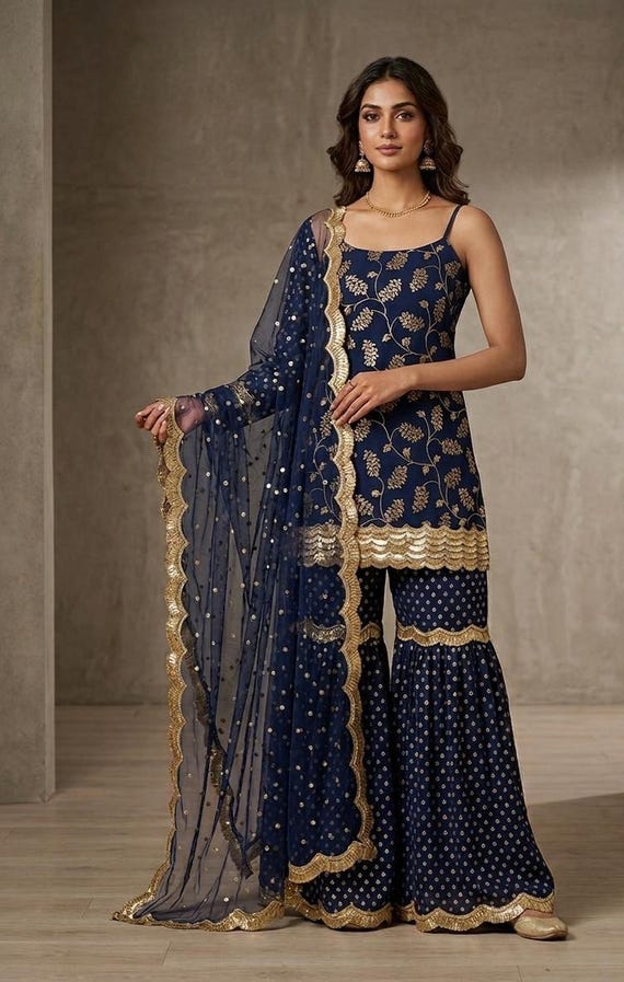 Designer Georgette Sharara Set with Dupatta – Gold Print Wedding Wear Gharara Suit