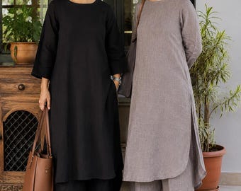 Cotton Linen Co-ord Set Kurta Pant Palazzo Pants & Loose Kurti Top