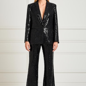 Schwarz Pailletten Blazer Hosenanzug Frauen Party Hochzeit Outfit