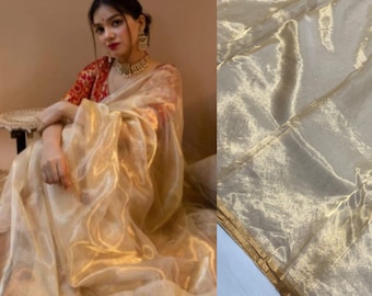 Pure silk sari Indian vintage sarees for women Metallic Gold handloom saree bridal ready made saree simple wedding outfit Handwoven Tissue