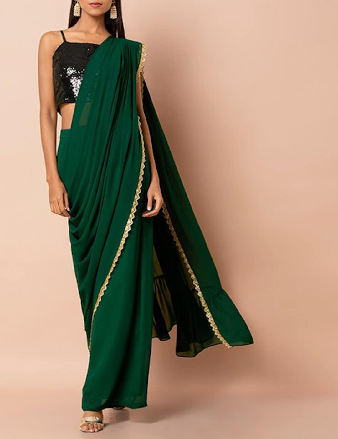 Buy Green Georgette Indo Western Saree Dress Plazzo With Blouse ...