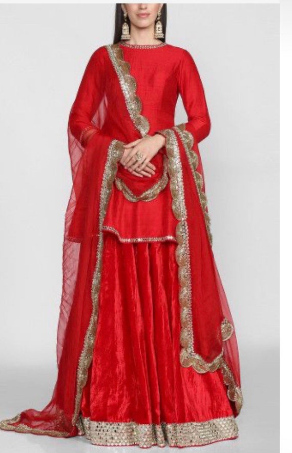 Red Peplum Lehenga Blouse Kurti with Skirt Custom Stitched Dress Indian Women's Girls Party Wedding Mirror Embroidery Dresses