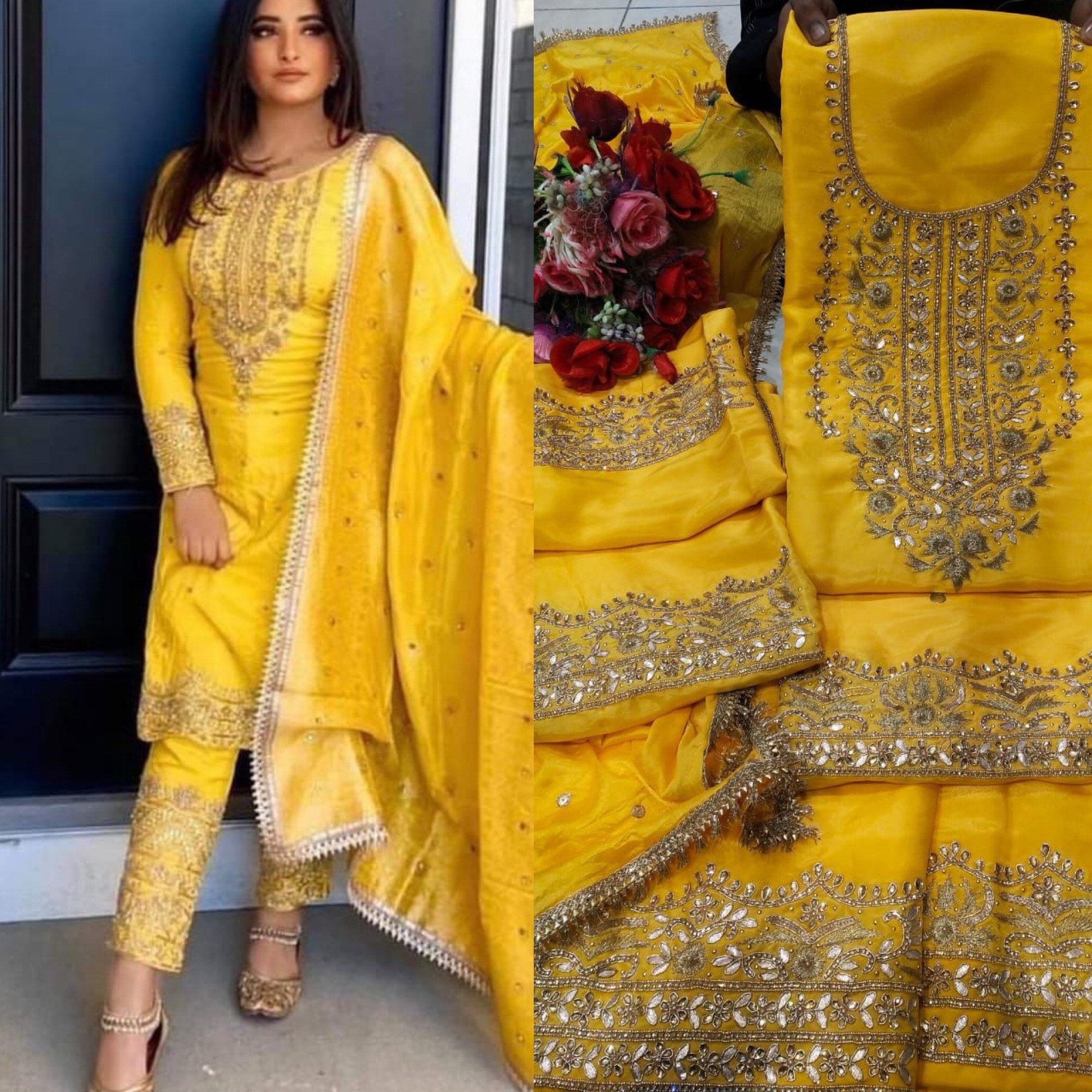 Nadira Yellow Embroidered Silk Suit Set - LA GLITS