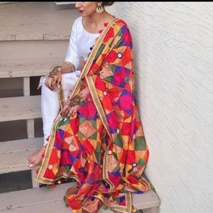 White Punjabi Suit with Phulkari Dupatta Custom Plus Size Salwar Kameez Indian Wedding Outfit for Women Made to Order