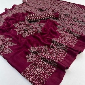 Bandhani saree with handblock