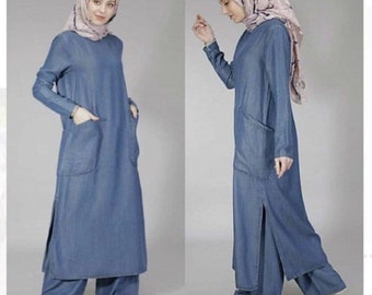 Muslim clothing denim abaya dubai Kaftan loose fit jalabiya with pants