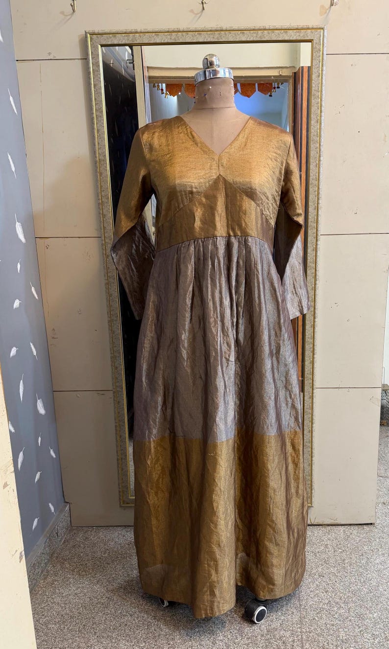 Gold Tissue Silk Anarkali Dress women Indian Wedding Outfit image 5