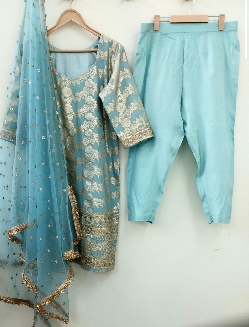 Punjabi suit ,plus size Salwar kameez for women Readymade Indian Kurta Pant heavy Dupatta set Custom stitched ethnic wear image 6