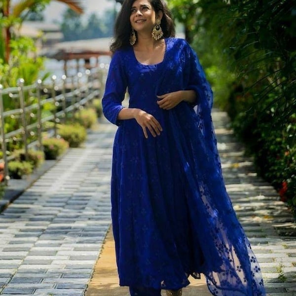 Royal blue dress Bollywood kurta Designer kurti Salwar Kameez With Dupatta Wedding Party Wear anarkali Georgette Kurta Palazzo Suit