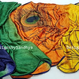Indian saree printed Peacock sarees with stitched Blouse satin fabric designer outfit