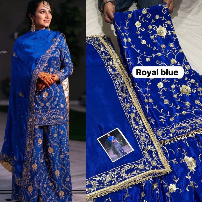 May include: A royal blue embroidered outfit featuring a long-sleeved top, wide-leg trousers, and a matching scarf. The fabric is decorated with gold floral embroidery. The text "Royal blue" is visible on the image.
