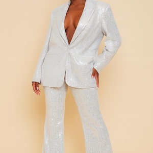 Silver Sequin Blazer Pant Set for Women Partywear Co-ord Set Sparkly Tuxedo Style Pantsuit Custom Tailored Plus Size Outfit