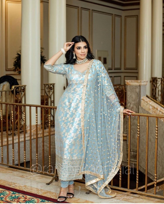 Designer Party Wear Readymade Salwar Suit Sky Blue Soft Printed Silk Pant  Straight | Silk pants, Silk bottoms, Party wear