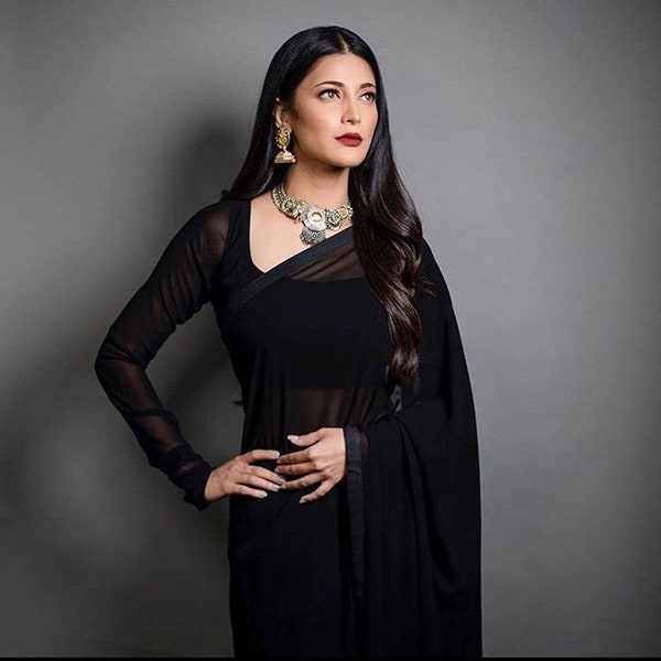 Black Saree plain simple sari with full sleeve blouse